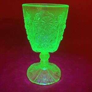 Antique Adams & Co Goblet Daisy & Button Thumbprint #86 Water Glass Aqua UV Glow